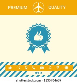 Two symbols Thumb Up Gesture - label with ribbons. Thumb up icon - the highest score, the best choice, the highest rating