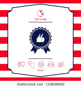 Two symbols Thumb Up Gesture - label with ribbons. Thumb up icon - the highest score, the best choice, the highest rating