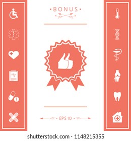 Two symbols Thumb Up Gesture - label with ribbons. Thumb up icon - the highest score, the best choice, the highest rating