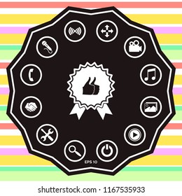 Two symbols Thumb Up Gesture - label with ribbons. Thumb up icon - the highest score, the best choice, the highest rating