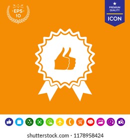 Two symbols Thumb Up Gesture - label with ribbons. Thumb up icon - the highest score, the best choice, the highest rating