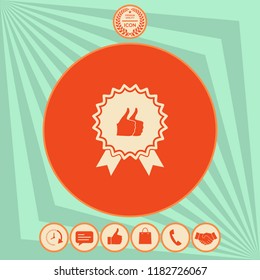 Two symbols Thumb Up Gesture - label with ribbons. Thumb up icon - the highest score, the best choice, the highest rating
