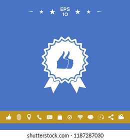 Two symbols Thumb Up Gesture - label with ribbons. Thumb up icon - the highest score, the best choice, the highest rating