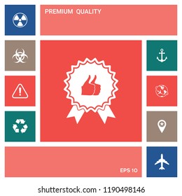 Two symbols Thumb Up Gesture - label with ribbons. Thumb up icon - the highest score, the best choice, the highest rating