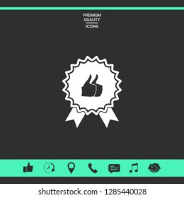 Two symbols Thumb Up Gesture - label with ribbons. The highest rating