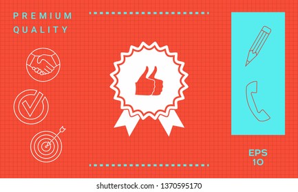 Two symbols Thumb Up Gesture - label with ribbons. The highest rating