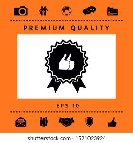 Two symbols Thumb Up Gesture - label with ribbons. The highest rating