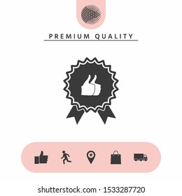 Two symbols Thumb Up Gesture - label with ribbons. The highest rating