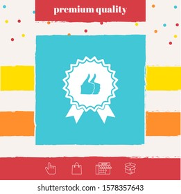 Two symbols Thumb Up Gesture - label with ribbons. The highest rating