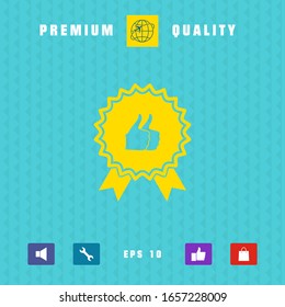 Two symbols Thumb Up Gesture - label with ribbons. The highest rating