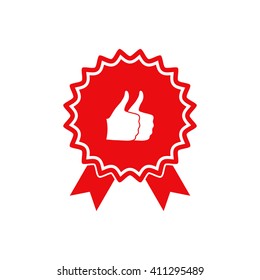 Two symbols Thumb Up Gesture - label with ribbons. Thumb up icon - the highest score, the best choice, the highest rating.