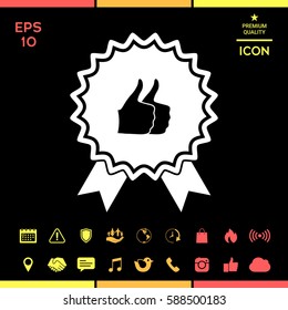 Two symbols Thumb Up Gesture - label with ribbons. Thumb up icon - the highest score, the best choice, the highest rating