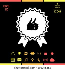 Two symbols Thumb Up Gesture - label with ribbons. Thumb up icon - the highest score, the best choice, the highest rating