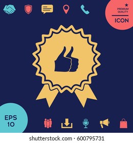 Two symbols Thumb Up Gesture - label with ribbons. Thumb up icon - the highest score, the best choice, the highest rating