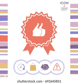 Two symbols Thumb Up Gesture - label with ribbons. Thumb up icon - the highest score, the best choice, the highest rating