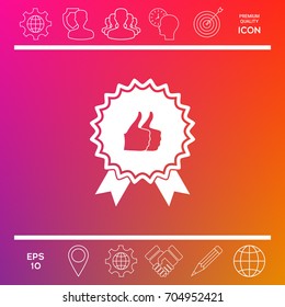 Two symbols Thumb Up Gesture - label with ribbons. Thumb up icon - the highest score, the best choice, the highest rating