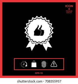 Two symbols Thumb Up Gesture - label with ribbons. Thumb up icon - the highest score, the best choice, the highest rating