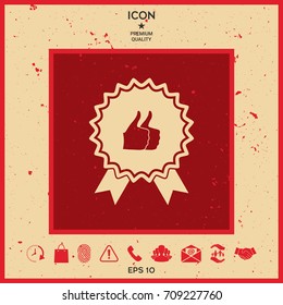 Two symbols Thumb Up Gesture - label with ribbons. Thumb up icon - the highest score, the best choice, the highest rating