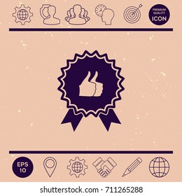 Two symbols Thumb Up Gesture - label with ribbons. Thumb up icon - the highest score, the best choice, the highest rating