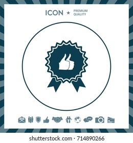 Two symbols Thumb Up Gesture - label with ribbons. Thumb up icon - the highest score, the best choice, the highest rating