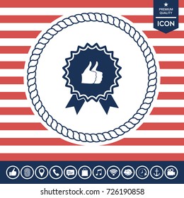 Two symbols Thumb Up Gesture - label with ribbons. Thumb up icon - the highest score, the best choice, the highest rating