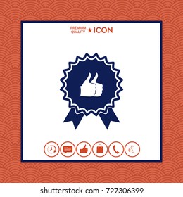 Two symbols Thumb Up Gesture - label with ribbons. Thumb up icon - the highest score, the best choice, the highest rating