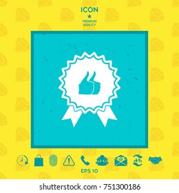 Two symbols Thumb Up Gesture - label with ribbons. Thumb up icon - the highest score, the best choice, the highest rating
