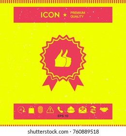 Two symbols Thumb Up Gesture - label with ribbons. Thumb up icon - the highest score, the best choice, the highest rating