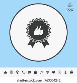 Two symbols Thumb Up Gesture - label with ribbons. Thumb up icon - the highest score, the best choice, the highest rating