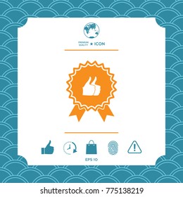 Two symbols Thumb Up Gesture - label with ribbons. Thumb up icon - the highest score, the best choice, the highest rating