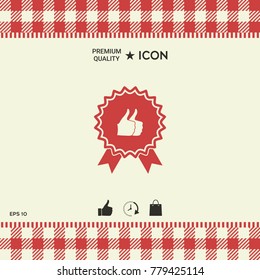 Two symbols Thumb Up Gesture - label with ribbons. Thumb up icon - the highest score, the best choice, the highest rating