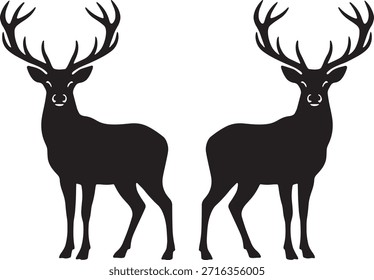 Dos siluetas simétricas de ciervo negro con Grandes astas enfrentadas sobre un fondo blanco. Ilustración minimalista de vida silvestre de estilo Vector plano, perfecta para logotipos, marcas, tatuajes, arte de pared, carteles, diseño de ropa, pegatinas y Elementos decorativos. Silueta animal aislada adecuada para la naturaleza, la selva, la caza, las Navidades y los temas de diseño escandinavo.