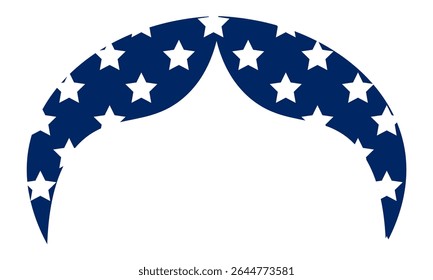 Two symmetrical blue wavy shapes, adorned with white five pointed stars, mirror each other, forming an elegant arch against a clean white background, creating a striking visual composition