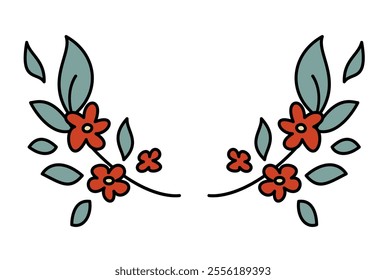 Two symmetrical branches of red flowers and green leaves in a decorative vector style, isolated on a white background.