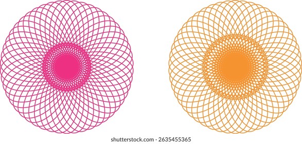 Two symmetrical, geometric mandala designs in pink and orange.