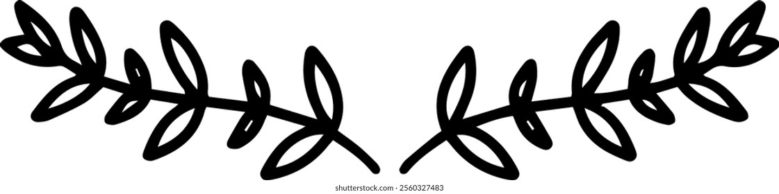 Two symmetrical laurel branches with elegantly detailed leaves create a decorative frame, hand drawn in black ink against a crisp white background, enhancing any design