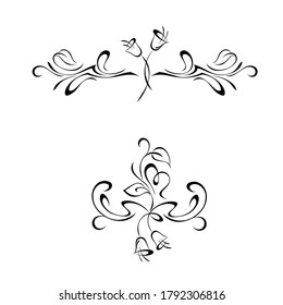 two symmetrical ornaments with vignettes and bells in the center in black lines on a white background