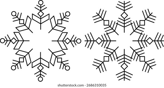 Two symmetrical snowflake designs, each composed of black lines, geometric shapes, and circular details. The designs are simple and minimalist.