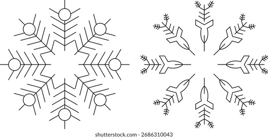 Dois desenhos de flocos de neve simétricos, um com elementos circulares e lineares, o outro com formas de seta e ramificação, ambos em linhas pretas.