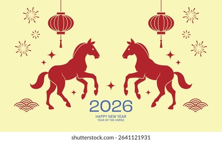 Two symmetrical zodiac horses card minimalist style. Chinese new year of the horse, or lunar new year 2026 banner background with hanging lanterns decorations.