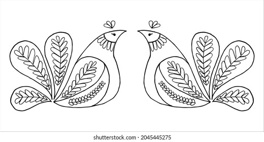 Two symmetrically free hand drawn stylized proud hen birds in doodle or sketch style. Children's and adult coloring pages, anti-stress. Postcard, invitation, greeting card, poster.