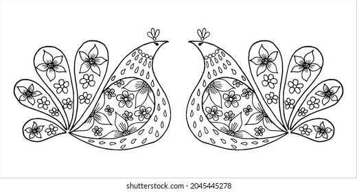 Two symmetrically free hand drawn stylized proud hen birds in doodle or sketch style. Children's and adult coloring pages, anti-stress. Postcard, invitation, greeting card, poster.