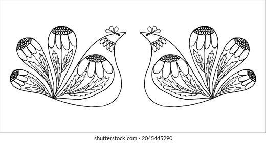 Two symmetrically free hand drawn stylized proud hen birds in doodle or sketch style. Children's and adult coloring pages, anti-stress. Postcard, invitation, greeting card, poster.