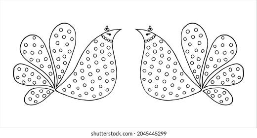 Two symmetrically free hand drawn stylized proud hen birds in doodle or sketch style. Children's and adult coloring pages, anti-stress. Postcard, invitation, greeting card, poster.