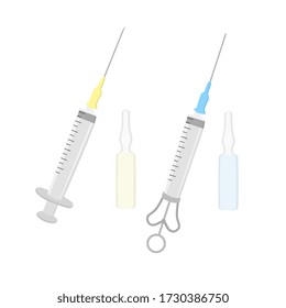 Two syringes and two ampoules with serum. Disposable syringe with needle and ampoule with yellow liquid. Syringe for flushing cavities. Vial with blue liquid. Isolated vector EPS10.