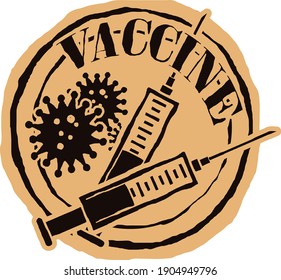 Two syringes with coronavirus vaccine and COVID molecule cell. Pandemic COVID grunge rubber round stamp on craft background. COVID-19 vaccine icon in old style. Anti Coronavirus disease COVID-19.
