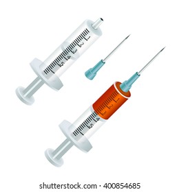 Two syringes, one empty, the other filled with blood or injectable solution. The empty syringe with needle is disconnected. Isolated on white background.