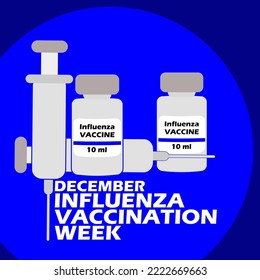 Two syringes with two vaccine bottles and bold text on blue background to commemorate Influenza Vaccination Week on December