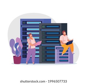 Two system administrators working in server room center flat vector illustration