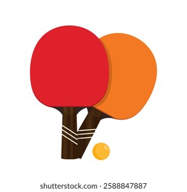 Two table tennis paddles, one red and one orange, crossed with a yellow ball below them on a white background. Concept of ping pong, sports, and recreation. Vector illustration